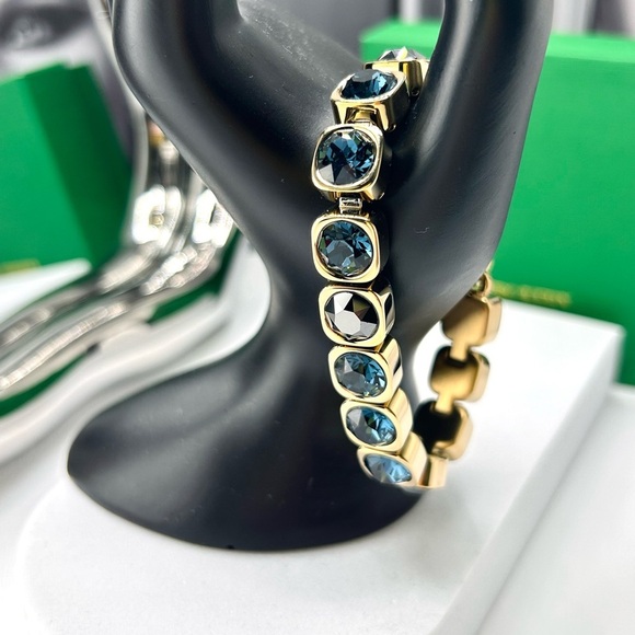 Denim Blue Crystal Bracelet, Gold Plated Chunky Dark Blue Tennis Bracelet - Picture 8 of 9